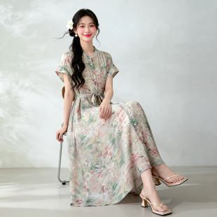 岁月不败美人~纯真丝晕染花卉双绉法式短袖连衣裙女夏显瘦不挑人