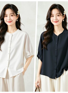 黑白简约版型真丝双绉立领连肩蝙蝠袖宽松通勤衬衫宽松休闲版上衣