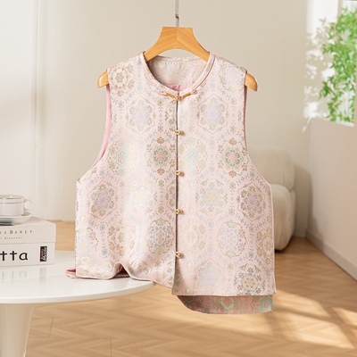 粉冰淇凌～真丝桑蚕丝宋锦对襟马甲圆领新中式国风女背心外穿上衣