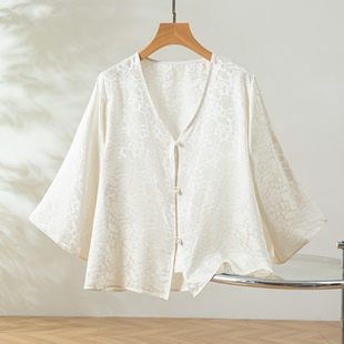 名贵桑蚕丝真丝金通正绢透气防晒七分袖空调开衫真丝V领衬衫