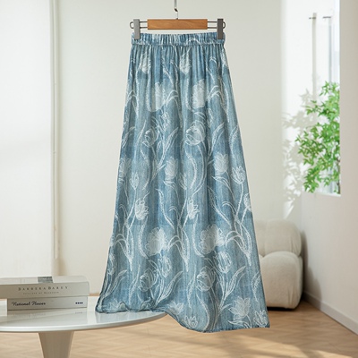 真丝双绉印花复古小A裙开叉松紧腰中长款半身裙子长裙