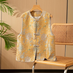 三马家凤凰宝相～真丝桑蚕丝宋锦对襟马甲圆领国风女背心外穿上衣