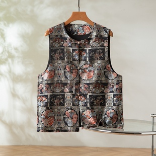 三马家春华秋实～真丝桑蚕丝宋锦对襟马甲圆领国风女背心外穿上衣