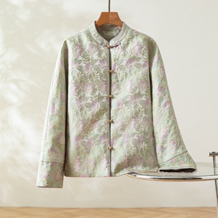 紫玉兰真丝桑蚕丝织金宋锦棉袄对襟外套圆领新中式女白鸭绒羽绒服