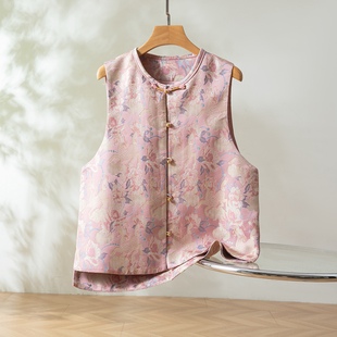 粉麒麟~真丝桑蚕丝宋锦对襟马甲圆领新中式 国风女背心外穿上衣