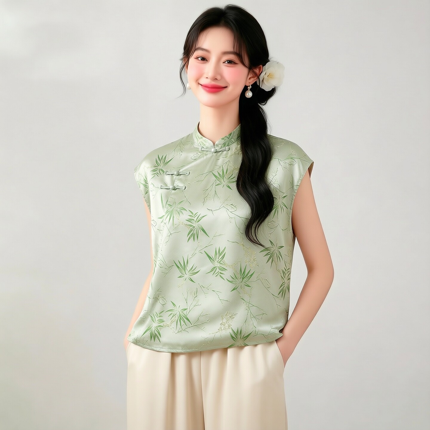 真丝桑蚕丝彩金竹子提花缎斜襟盘扣上衣新中式国风短袖衬衫女夏图片