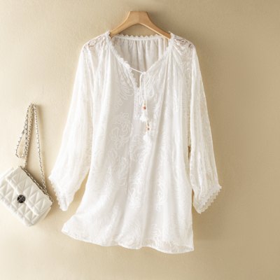 太美！浮花若梦~中式甜美锺工刺绣V领系带上衣宽松八分袖女装衬衫