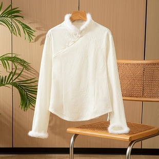 新中式国风针织弹力内搭秋冬长袖加绒保暖水貂毛斜襟打底小衫上衣