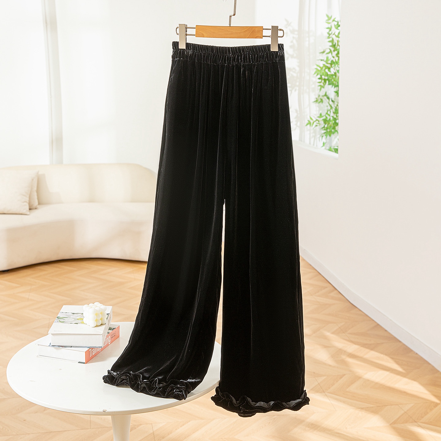 黑色桑蚕丝丝绒九分长裤女木耳边宽松休闲松紧腰百搭阔腿裤