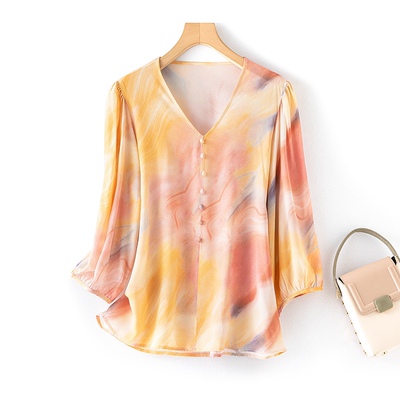 时尚洋气彩虹色印染渐变桑蚕丝真丝双绉v领七分灯笼袖衬衫上衣