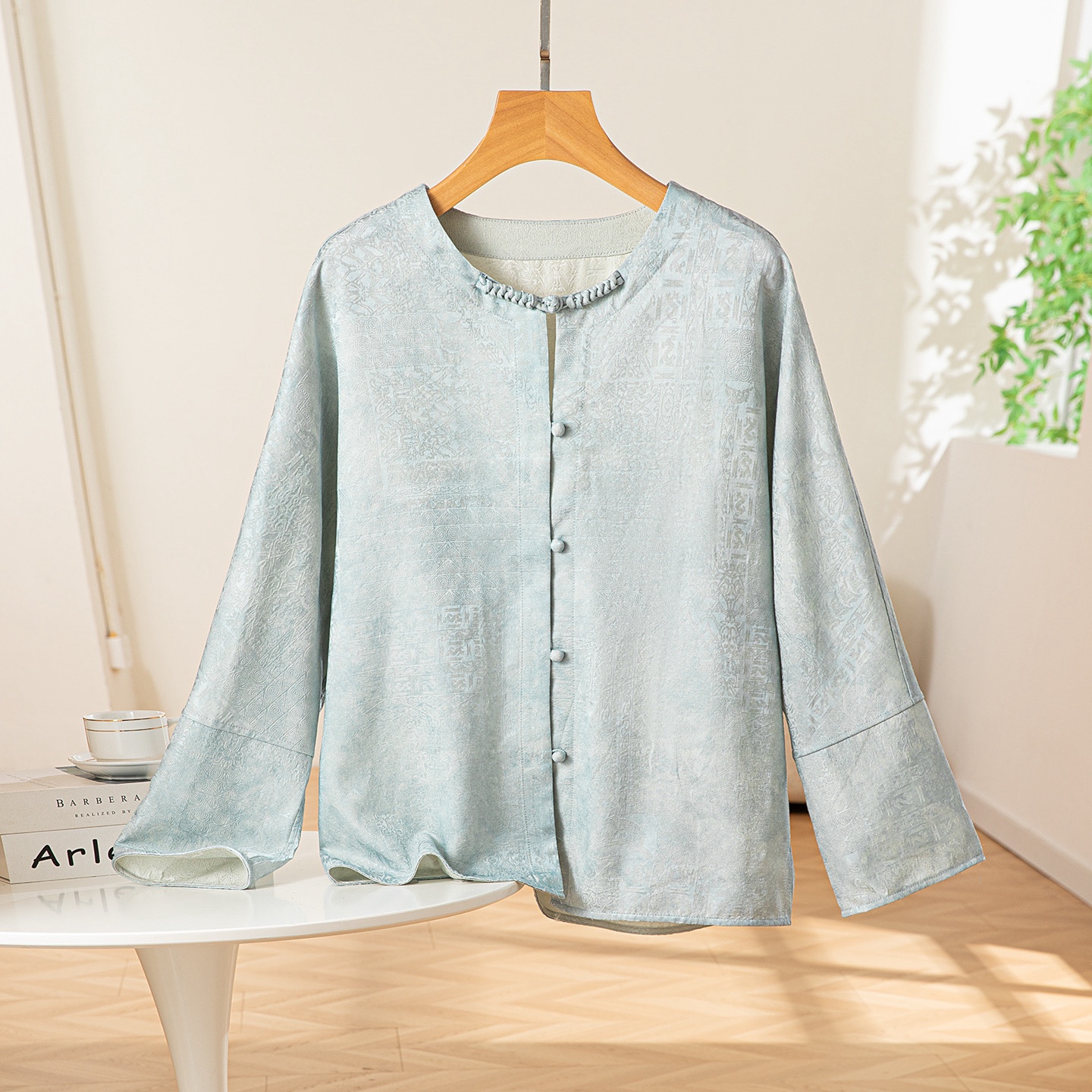 战国策双面穿桑蚕丝丝羊毛上衣女长袖开衫国风新中式圆领落肩外套