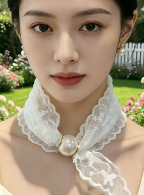 夏季珍珠磁吸扣蕾丝三角丝巾