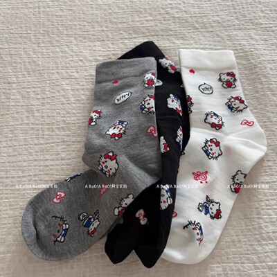 特价4件包邮 10/10欧货袜子潮款甜酷少女风满印KITTY猫可爱中筒袜