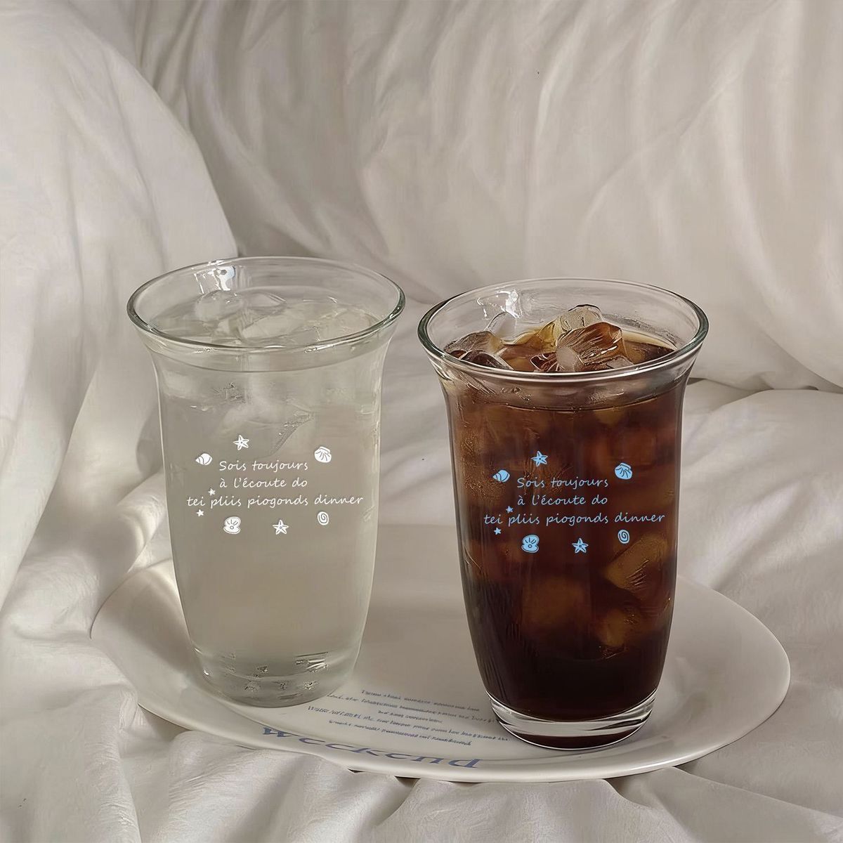 ins风贝壳字母喝水玻璃杯家用果汁杯子高颜值女水杯牛奶杯咖啡杯