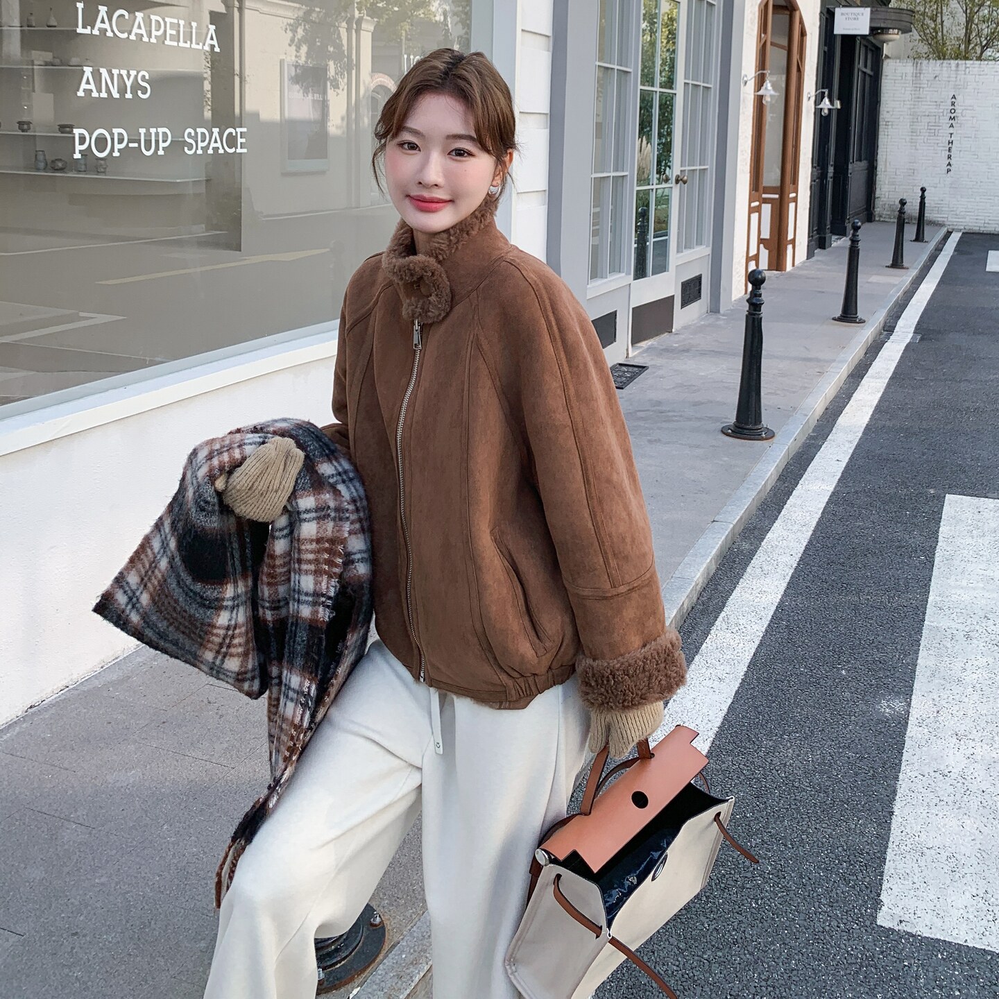 冬季新款美拉德系麂皮绒羊羔毛外套B208-9081-P195K288,女装短外套,浙宝208