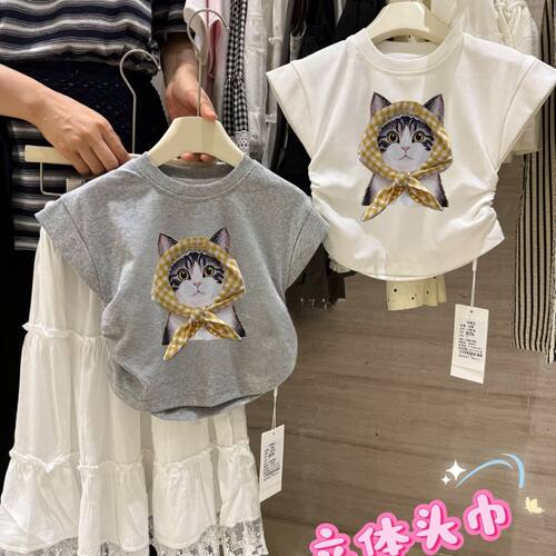 女童卡通小猫圆领短袖T恤
