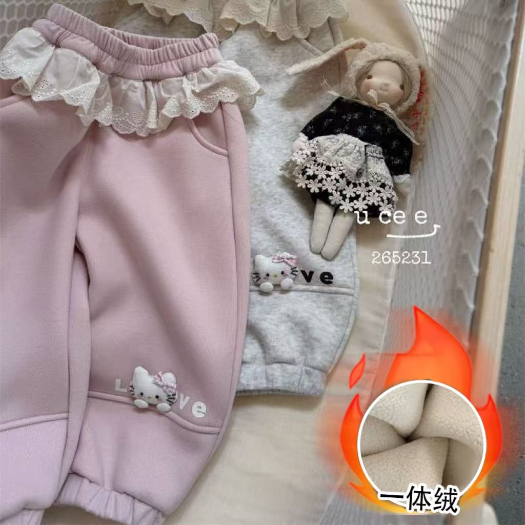 女童加绒卫裤2025秋冬新款儿童韩版卡通花边束脚裤女宝宝洋气裤子