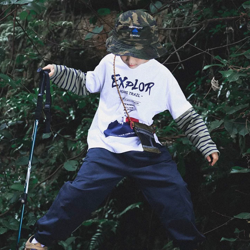 【KUKU 山系假两件】长袖t恤2026春季男童上衣中大童撞色印花衣服,童装/婴儿装/亲子装,T恤,淘宝优惠券,粉丝福利购,淘宝优惠卷