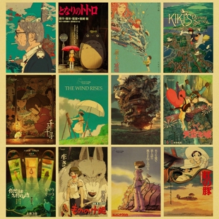宫崎骏动漫复古牛皮纸海报卧室房间宿舍壁纸墙上装饰大张贴挂墙