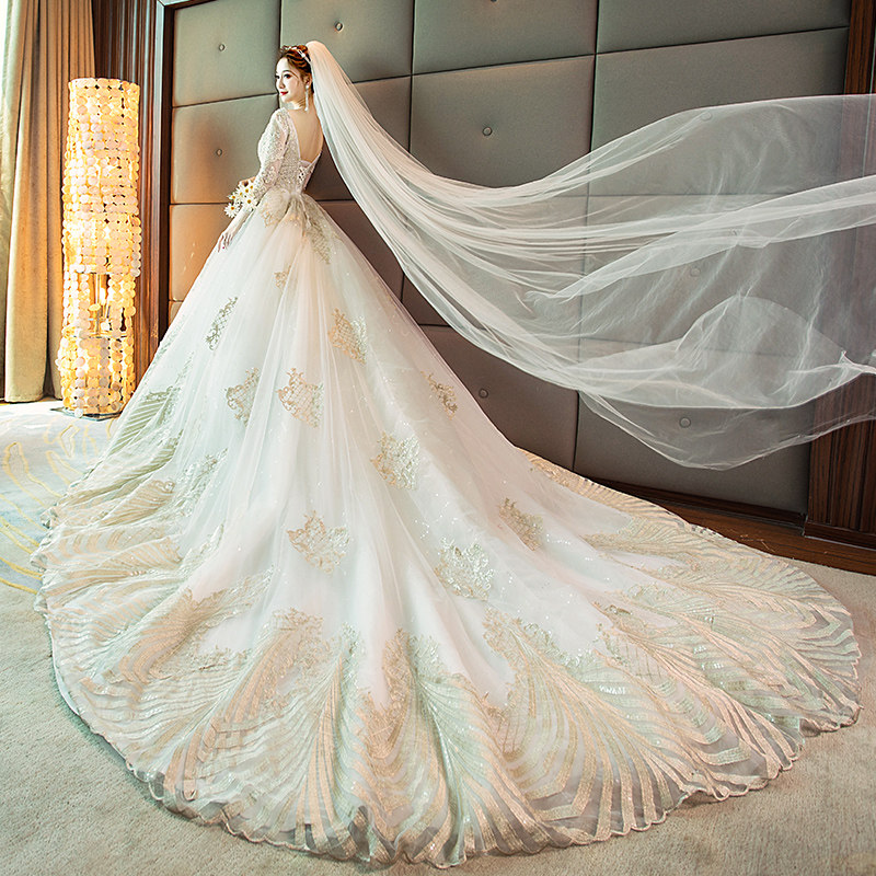 婚纱礼服女2020新款秋冬重工奢华新娘结婚长袖公主梦幻长拖尾v领