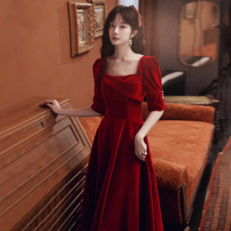 新娘结婚敬酒服酒红色平时可穿2020新款秋冬长袖回门小礼服连衣裙