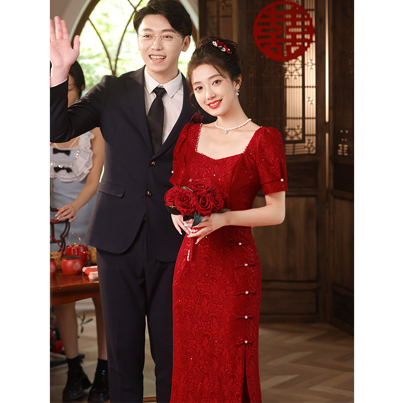 酒红色新娘敬酒服高级感2023新款新中式轻奢小众订婚礼服连衣裙女_虎窝淘