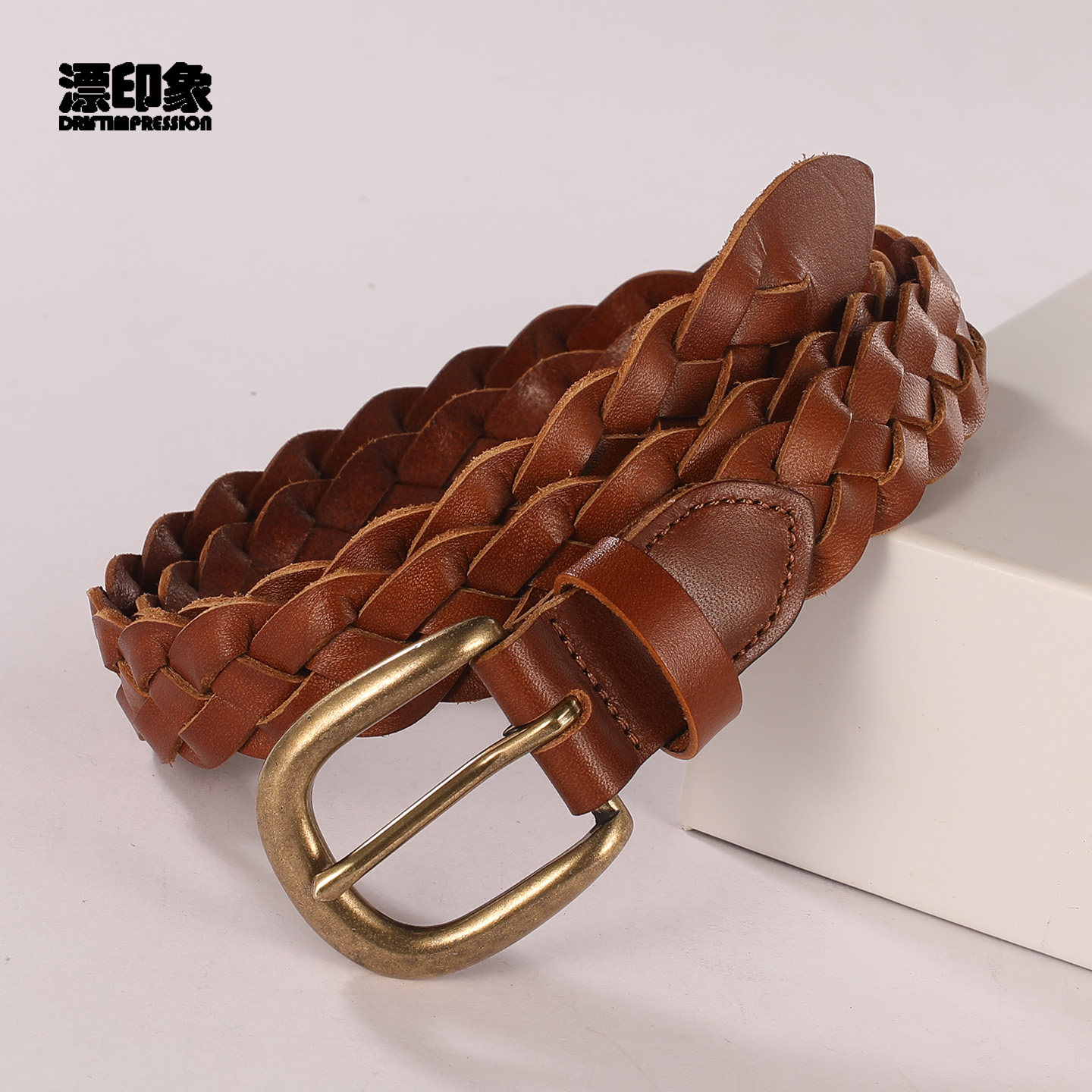 女士真皮手工编织皮带复古头层牛皮腰带百搭个性棕色文艺裙带裤带