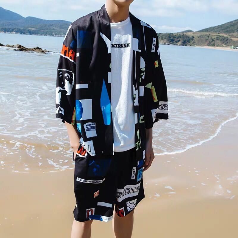 夏季男士沙滩套装海边度假旅游t恤道袍宽松一套两件衣服七分袖潮在类目 男装, T恤中 - 来自Buy2taobao.com提供专业的淘宝代购服务