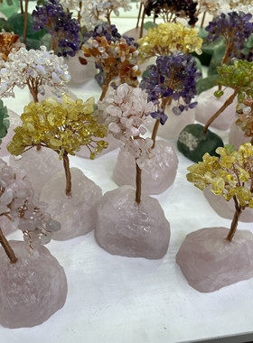 原石天然粉水晶碎石摆件发财树