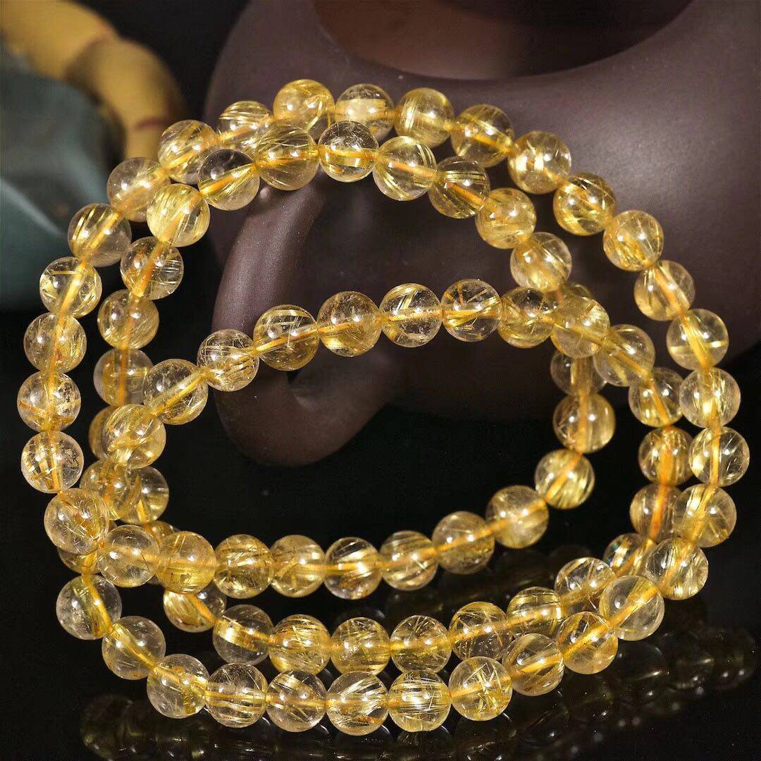 然巴西发晶手链 金发晶三圈手串男女钛晶多圈佛珠水晶招财转运6MM