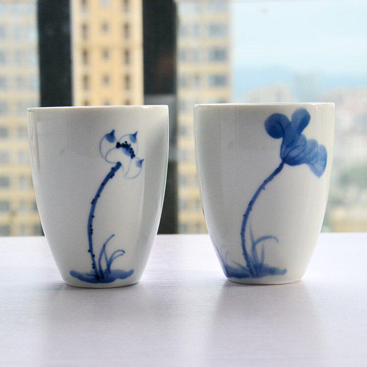 景德镇青花瓷 允航轩陶瓷手绘随手杯 荷花图案水杯 杯子 茶杯