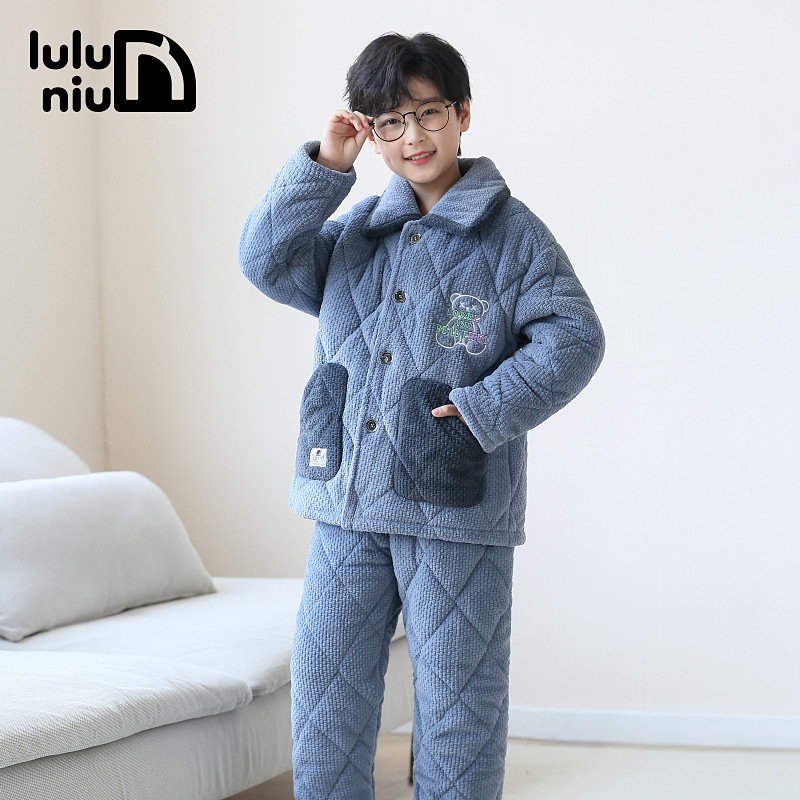 噜噜牛冬季儿童睡衣男孩法兰绒夹棉三层加厚加绒中大童男童非现货