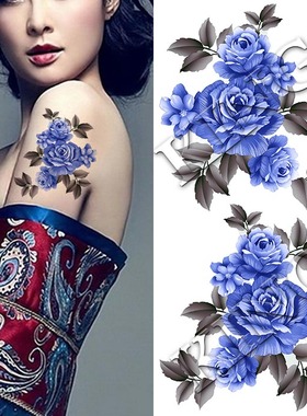 KING纹身贴 防水女持久 高清蓝色花 原创花臂贴古装影楼写真