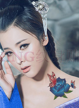 KING纹身贴 蝴蝶 蓝色 牡丹花 防水 女 影楼 写真 纹身贴纸
