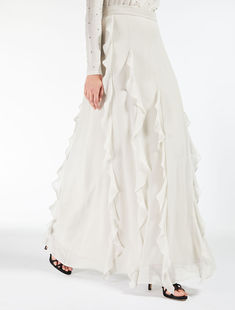 Maxmra白色雪纺半身裙夏季 不规则荷叶边大摆长裙