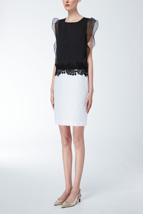 淑女裙OL 蕾丝腰封修身 欧根纱黑白拼接连衣裙2015春夏新款 荷叶袖