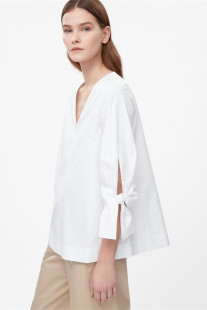 女a字娃娃衫 极简欧美白棉布衬衣V领宽松灯笼袖 口蝴蝶结系带白衬衫