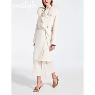 MA*MARA2019冬季新品白色狐狸毛领连帽系带羊绒大衣中长款三色选