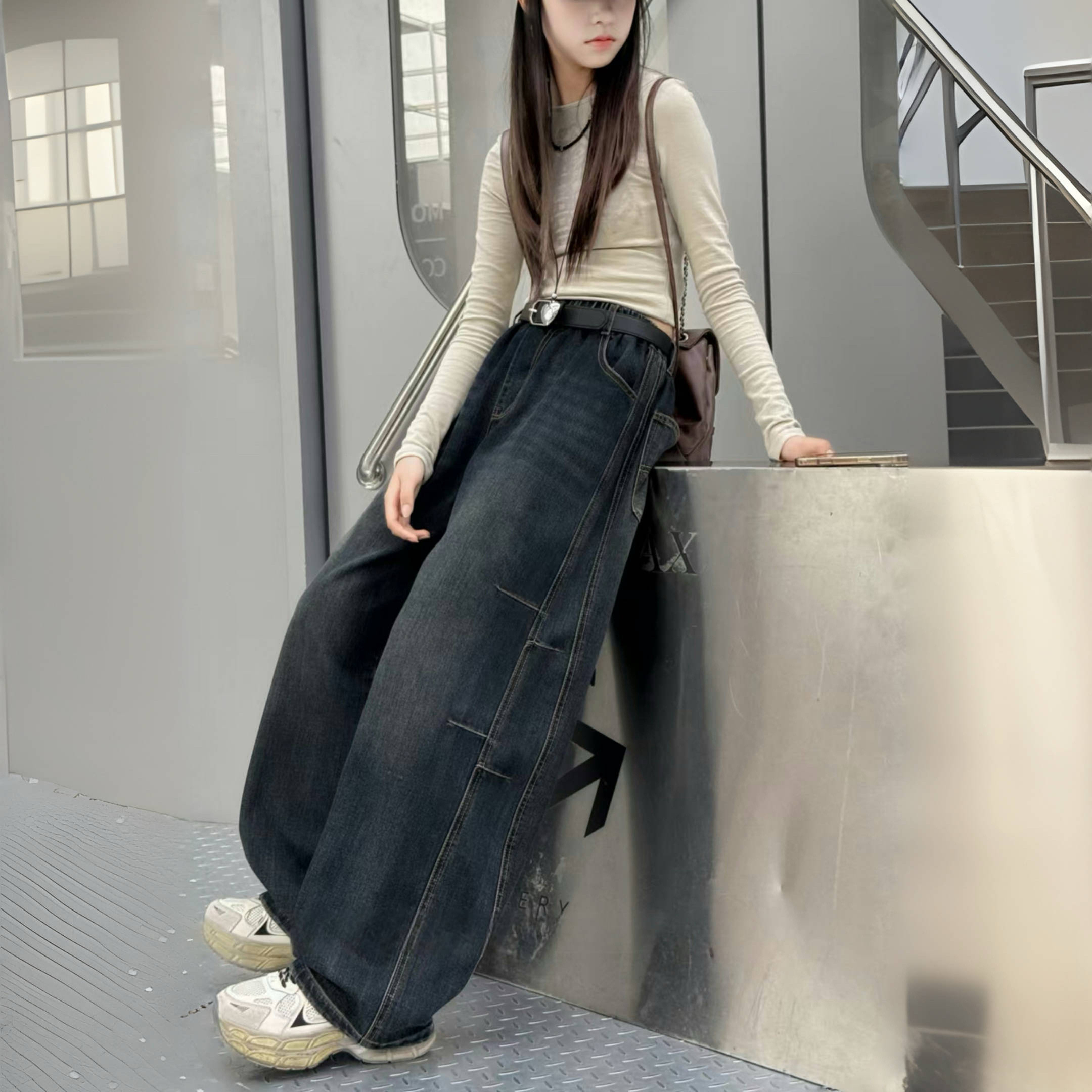 中大童女童裤子2025年秋季新款韩版显瘦牛仔阔腿裤F8010款