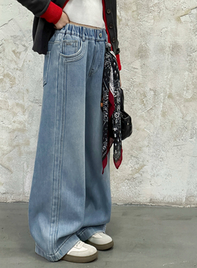 中大童女童裤子2025冬季新款百搭加绒显瘦一体绒牛仔阔腿裤25365