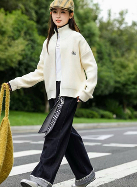 中大童女童外套2025新立领针织厚款88052毛衣外套黑点丝带牛仔裤