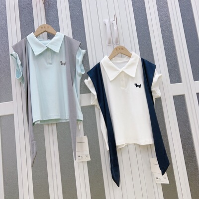 中大童女童短袖2026年夏季新款时尚POLO领T恤搭配披肩XT1028