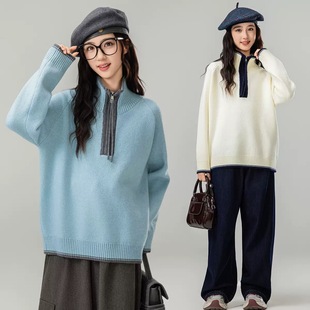 中大童女童2025冬新款韩版休闲半高领拉链宽松学生针织毛衣25402