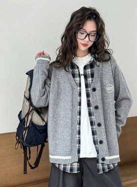 中大童女童外套2025新款学院风加厚拼接衬衫假两件毛衣外套25688