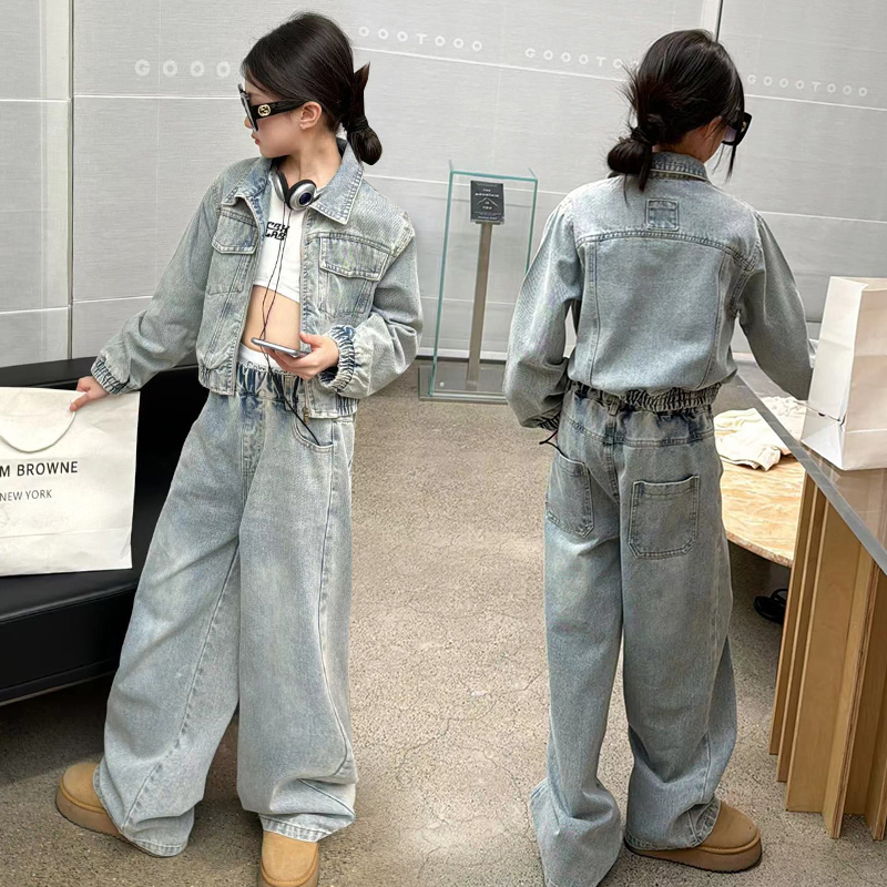 牛仔衣女童两件套春秋