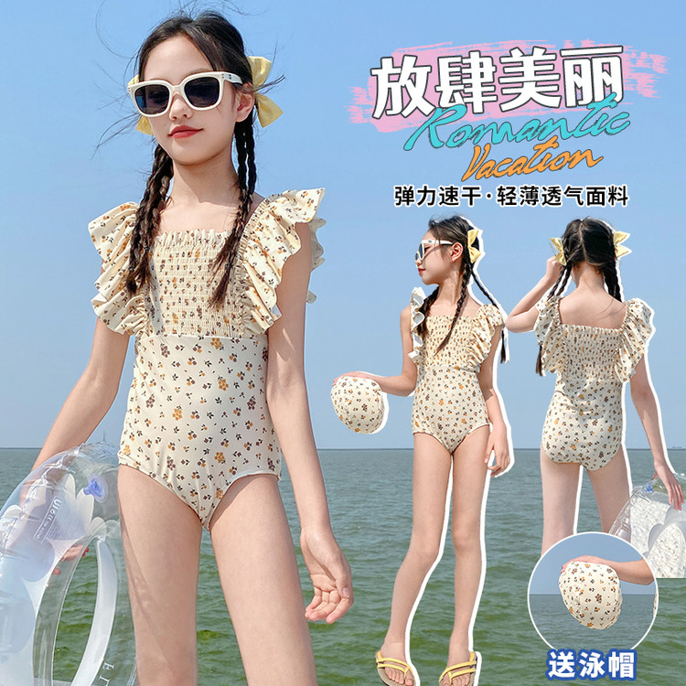 韩国女童连体泳衣夏季2025新款时尚洋气中大童女孩碎花公主风泳装