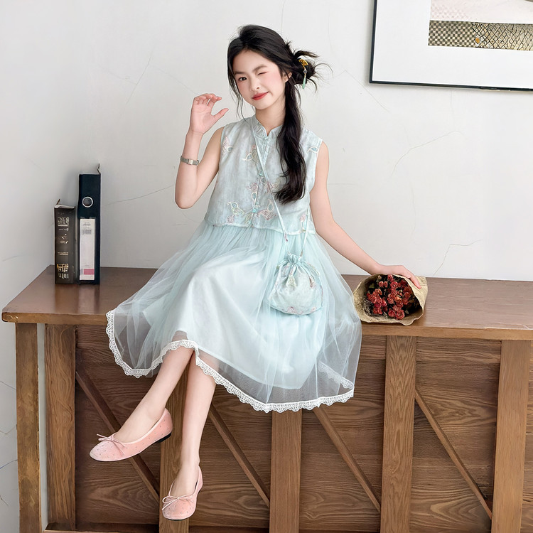 女童薄荷绿假两件旗袍裙夏季无袖绣花双层薄纱附赠同色系小包夏季