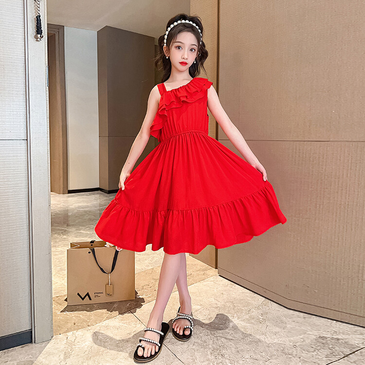 韩国女童夏季红色连衣裙2025新款薄款背心裙中大儿童女孩吊带裙子