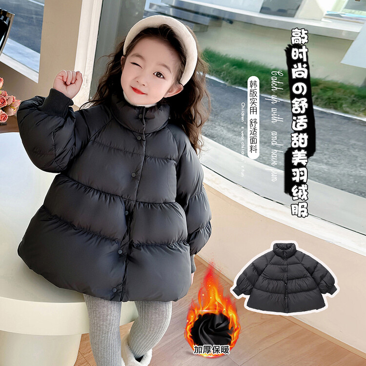 女童羽绒服冬装时尚新款洋气女孩儿童面包服气质灰色90白鸭绒外套