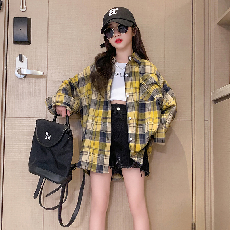 女童黄色衬衫秋季纯棉新款长袖儿童学生洋气格子外套女孩衬衣秋装
